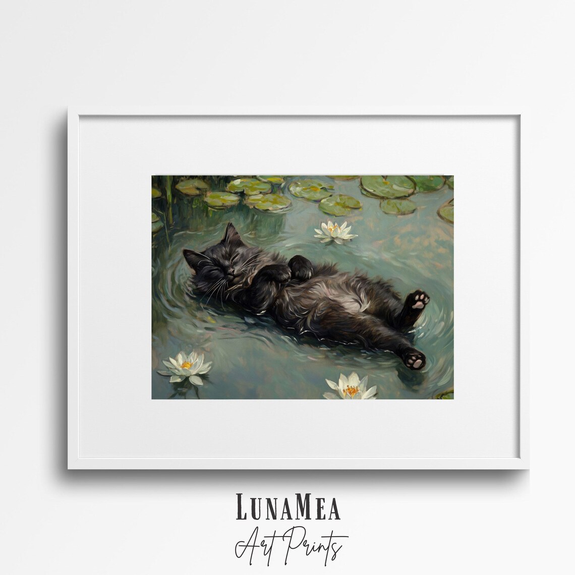Whimsical Black Cat Floating In Lily Pond Impressionist Watercolor Cat Poster - Image 2