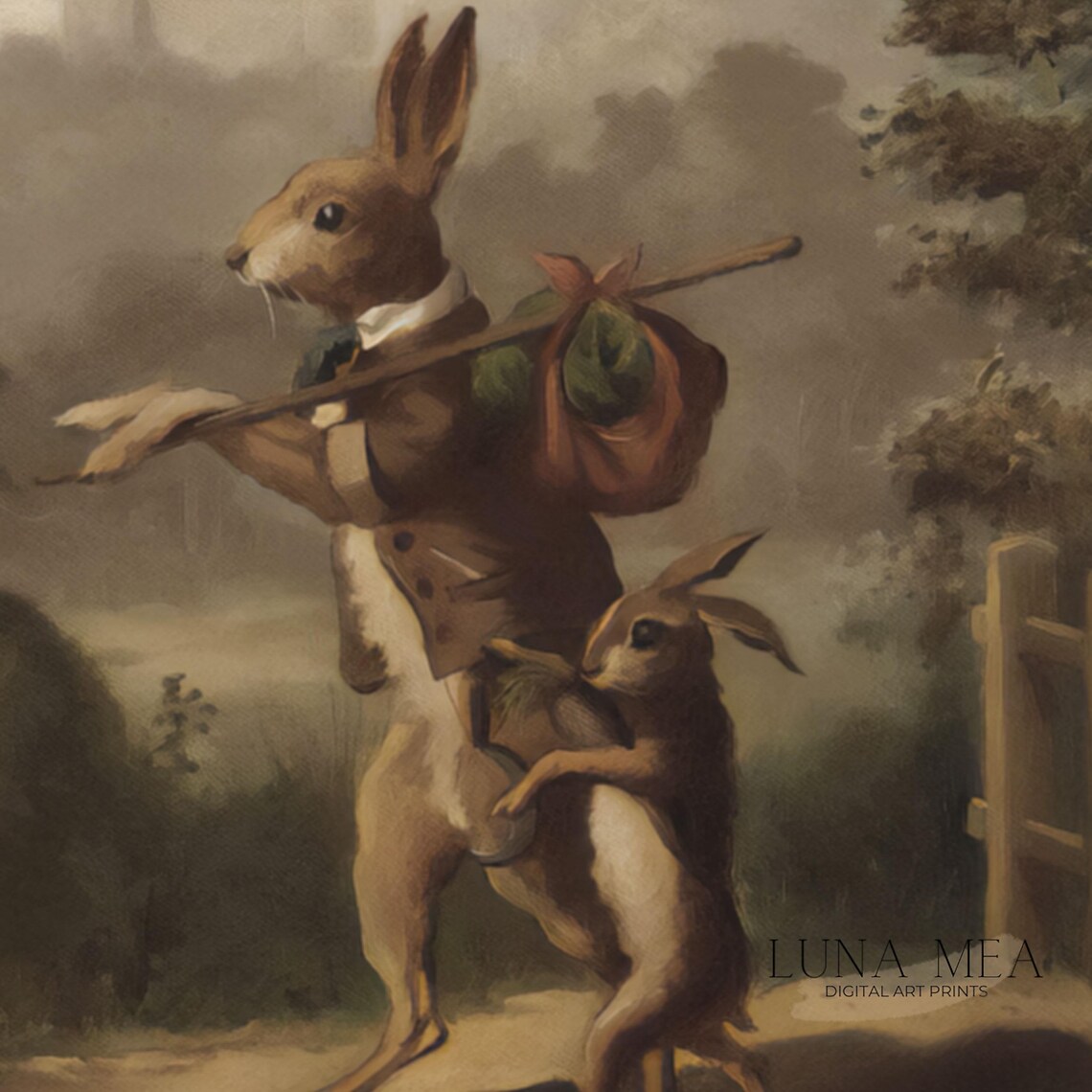 Vintage Storybook Rabbits Father And Child Walking Through Woodland Art Poster - Image 3