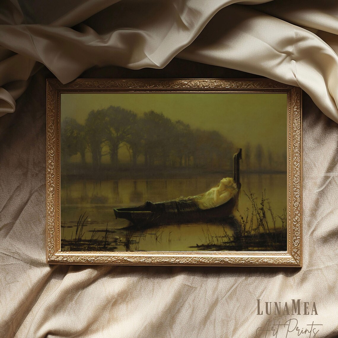 The Lady of Shalott Vintage Painting Woman in Boat Moody River Scene Wall Art - Image 2