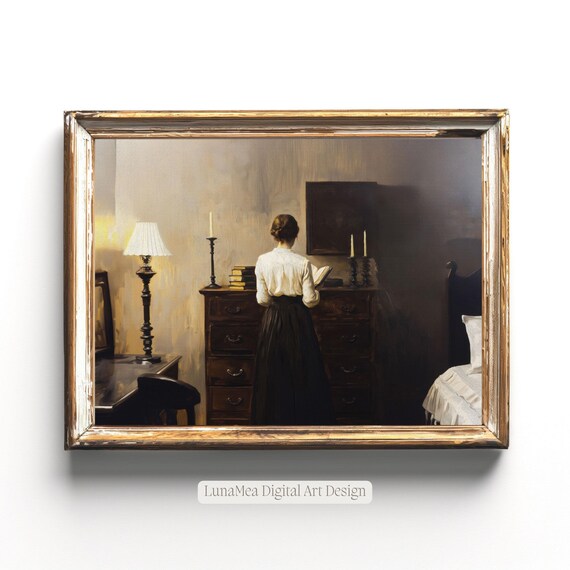 Victorian Woman Reading in Vintage Bedroom Candlelit Moody Interior Wall Art