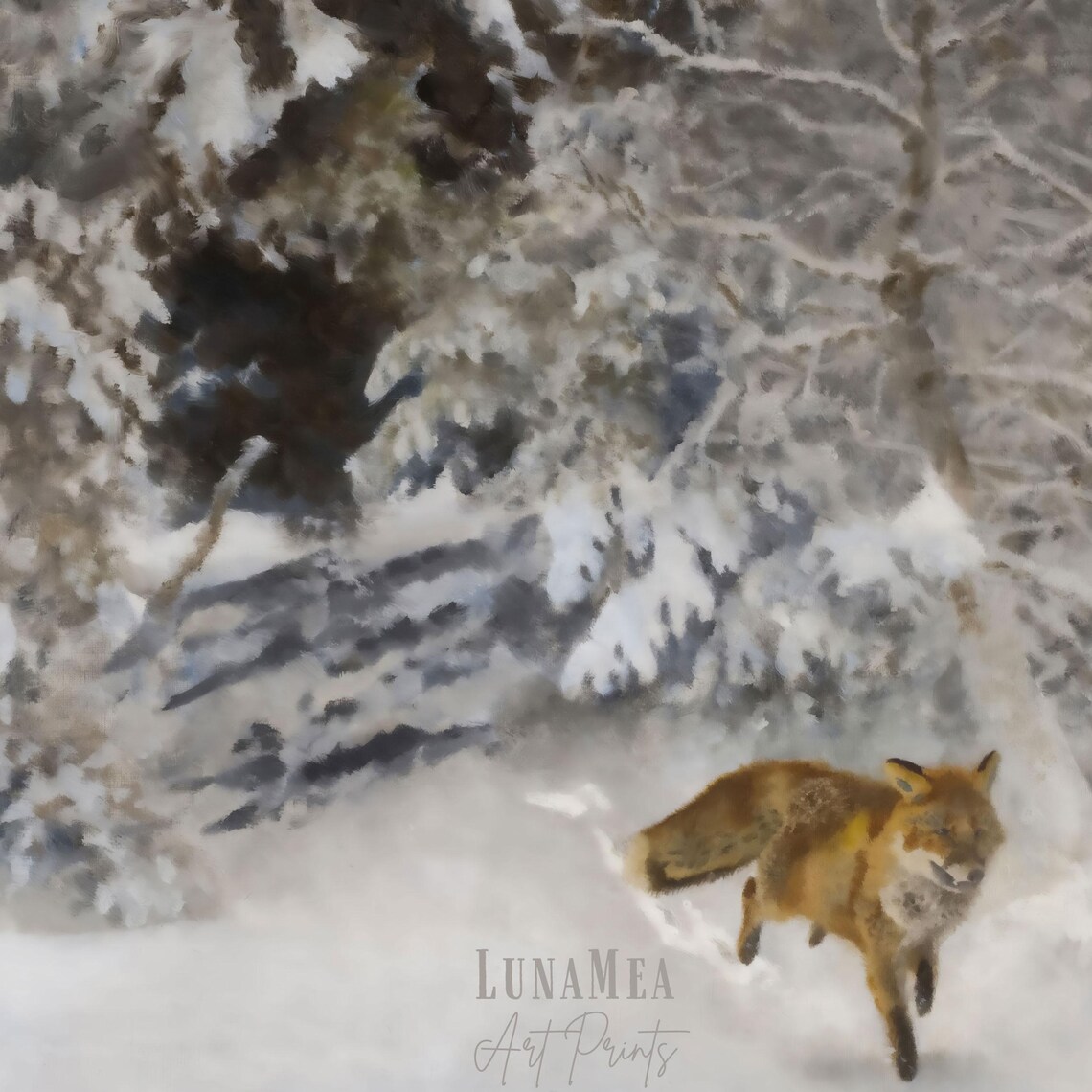 Winter Fox Running Snowy Forest Vintage Landscape Animal Painting Wall Art - Image 2