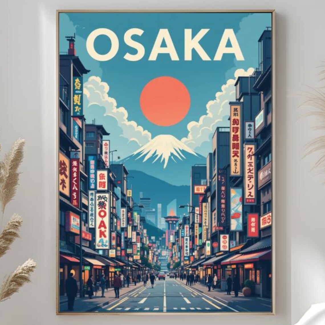 Osaka Japan Neon Street Signs Mount Fuji Big Red Sun Art Poster