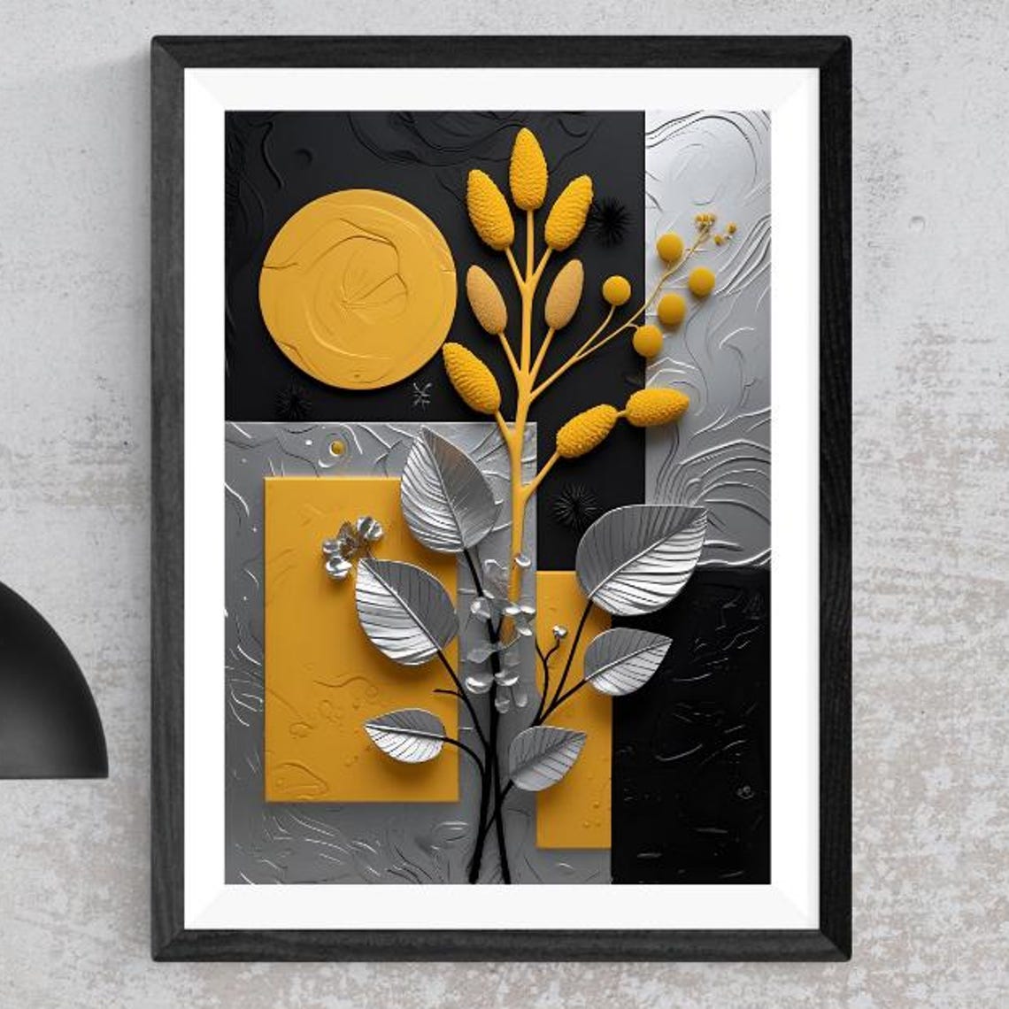 Yellow Silver Botanical Abstract Poster Geometric Modern Floral Art