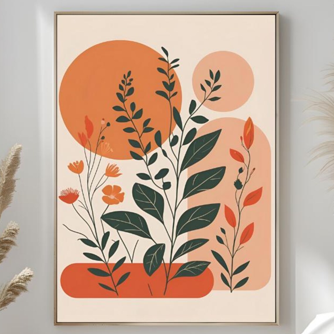 Boho Botanical Orange Circle Sun Green Leaves Abstract Art Poster