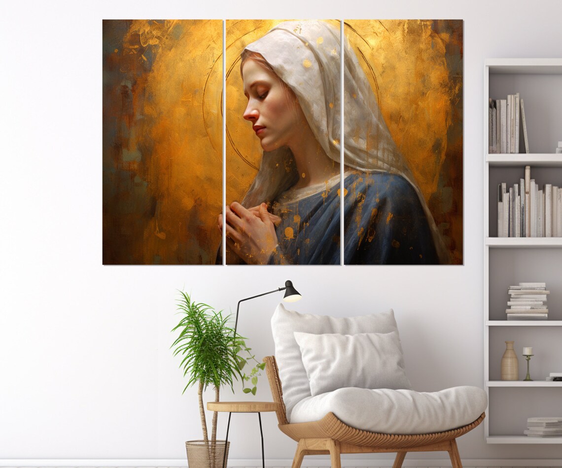 Blessed Virgin Mary Praying Golden Halo Religious Christian Wall Art Poster - Image 3