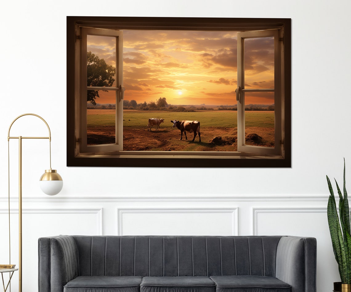 Open Window View Cows In Pasture Orange Sunset Farm Art Poster - Image 2