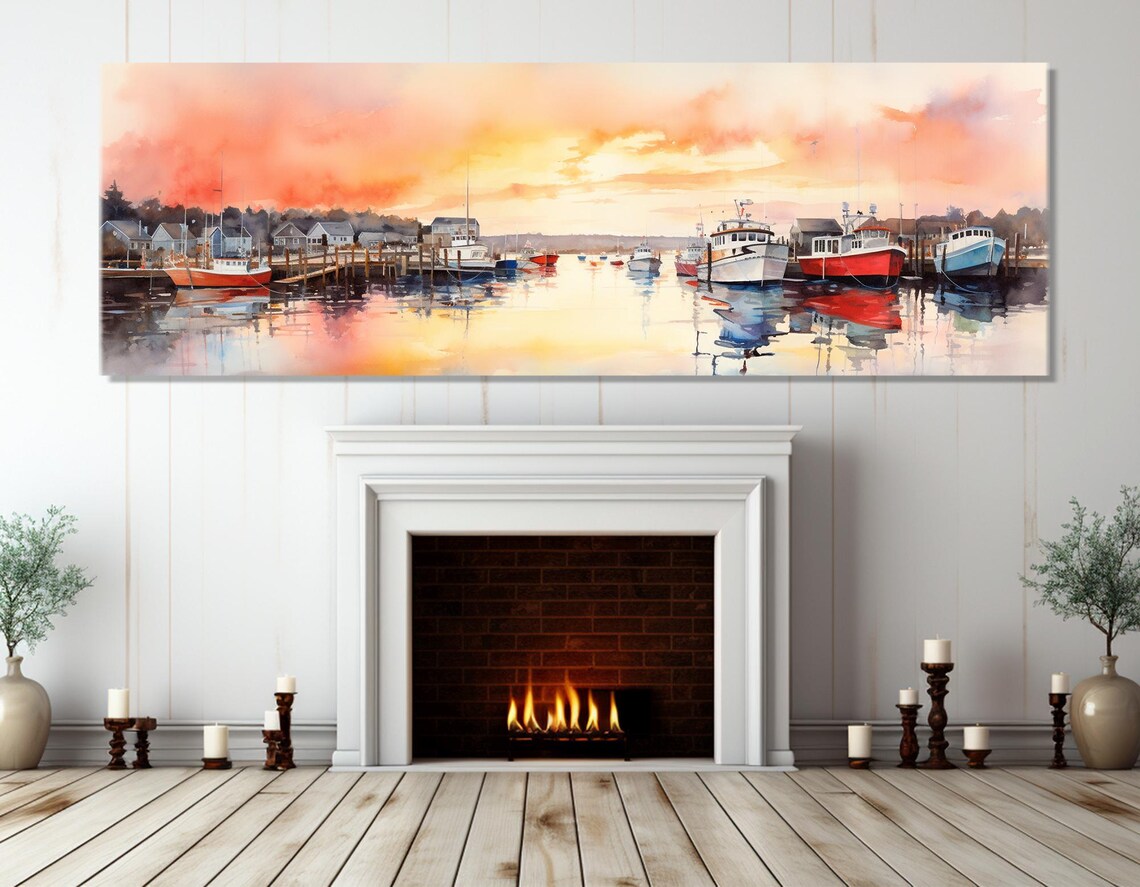 Fishing Harbor Sunset Boats Pink Orange Watercolor Nautical Art Poster