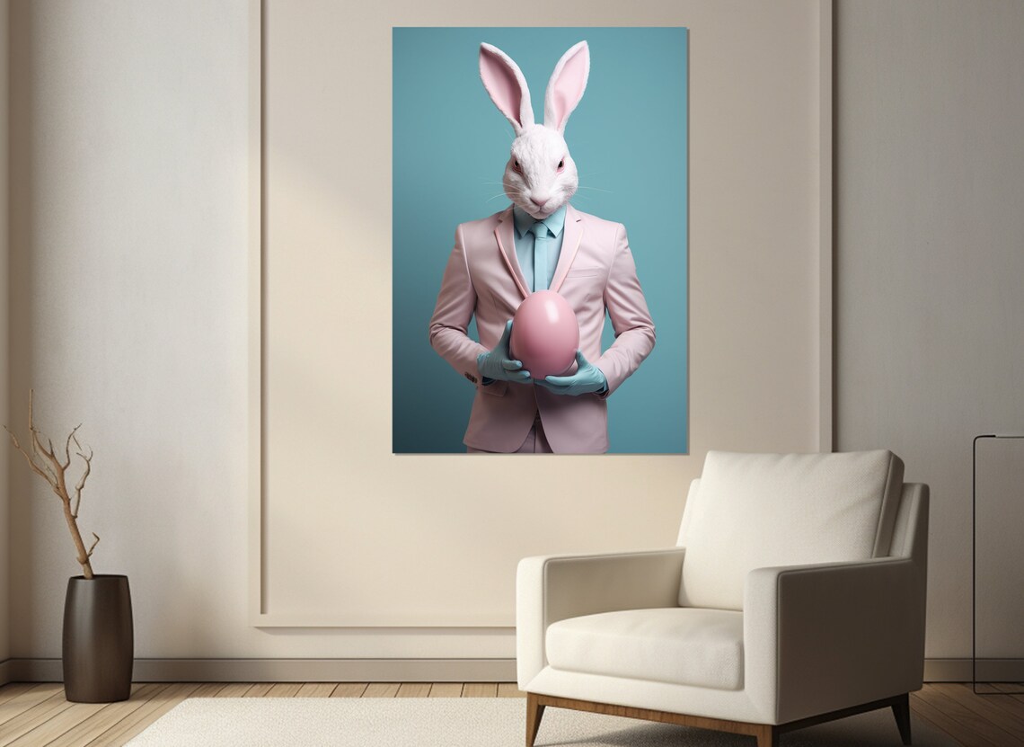 Rabbit In Pink Suit Holding Pink Egg Surreal Portrait Funny Easter Wall Art Poster - Image 4