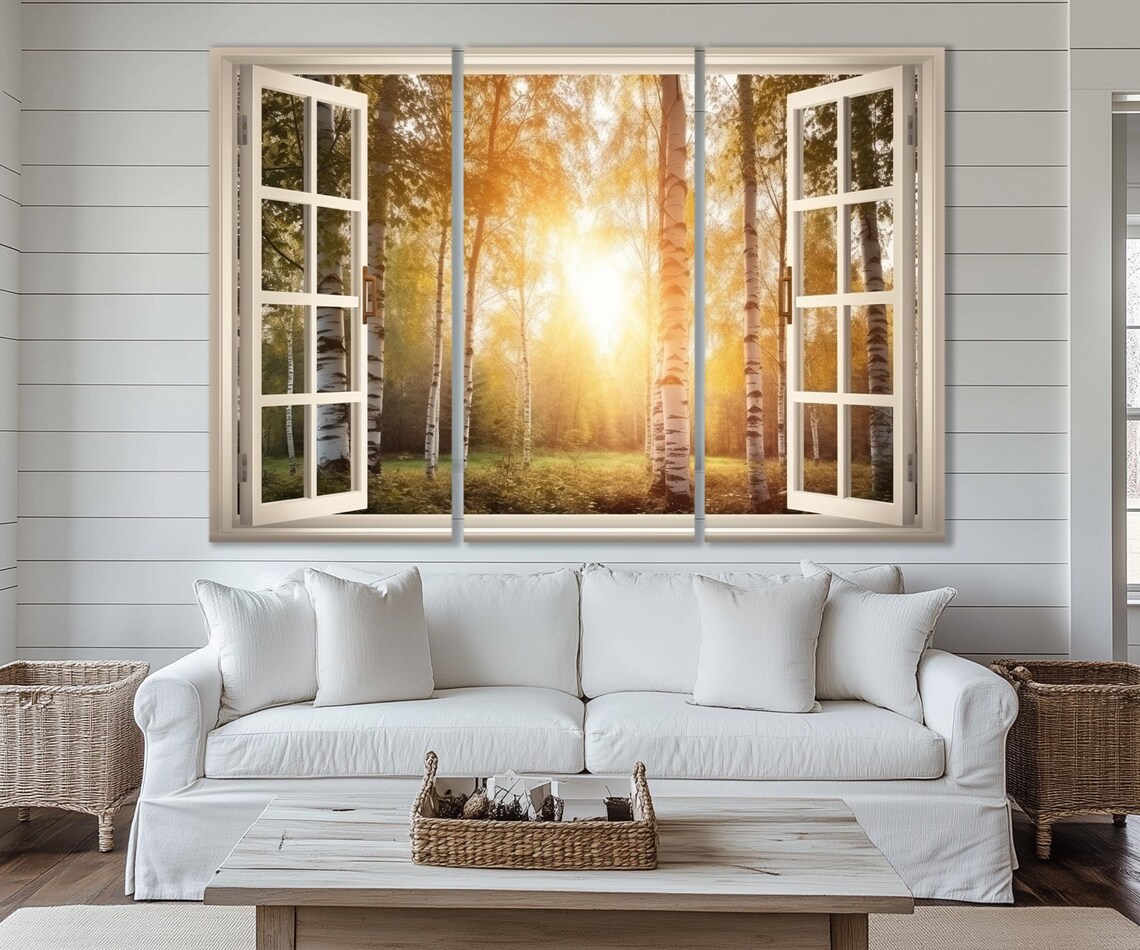Open Window With Birch Forest Print Balkan Window View Painting Birch Forest On Sunset Painting Framed And Ready To Hang - Image 4