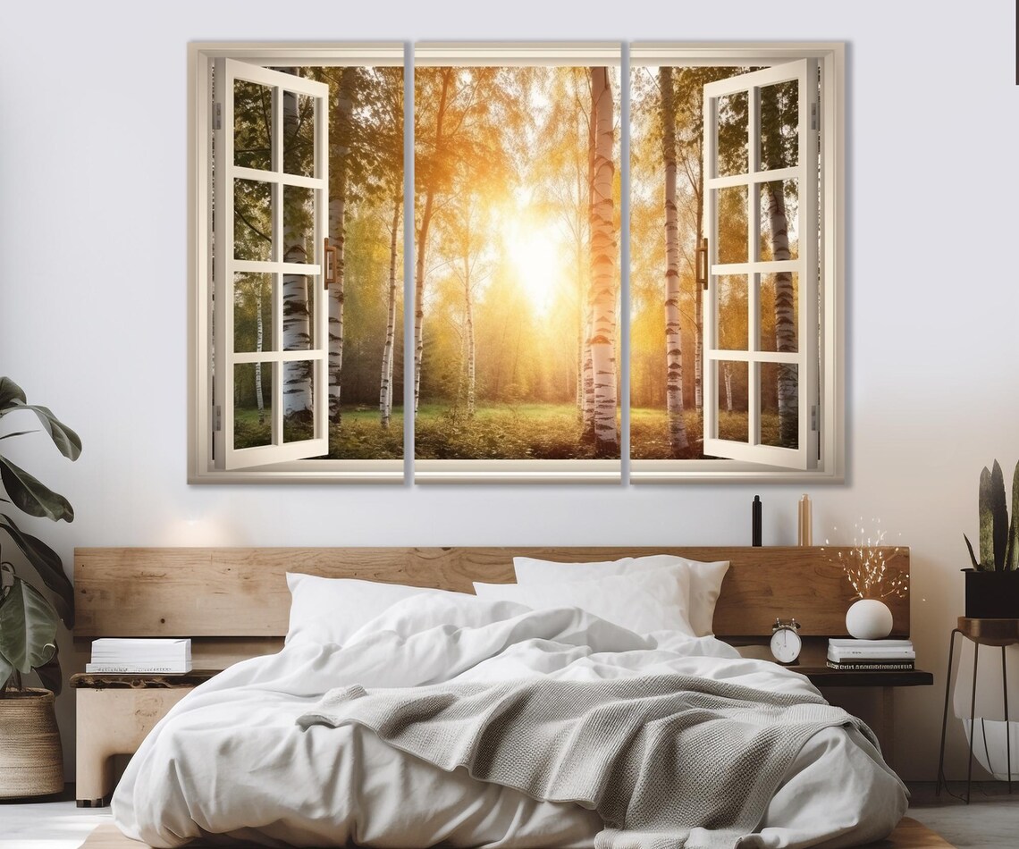 Open Window With Birch Forest Print Balkan Window View Painting Birch Forest On Sunset Painting Framed And Ready To Hang - Image 2