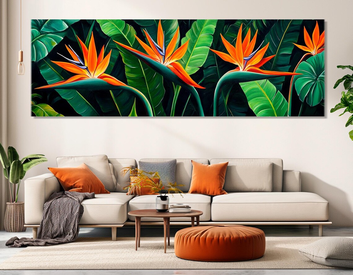 Bird Of Paradise Flowers Orange Bloom Green Leaves Panorama Poster - Image 2