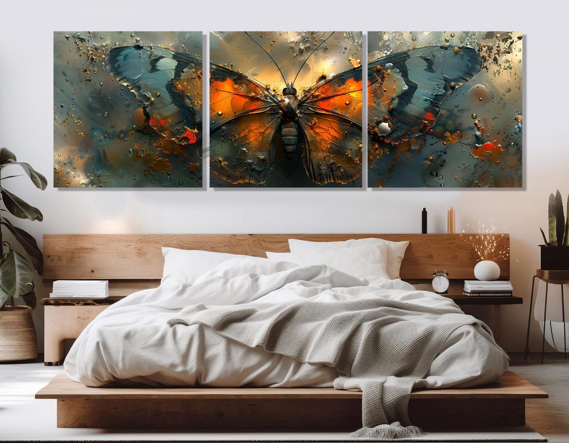 Abstract Butterfly Orange Teal Wings Textured Panoramic Wall Poster - Image 4
