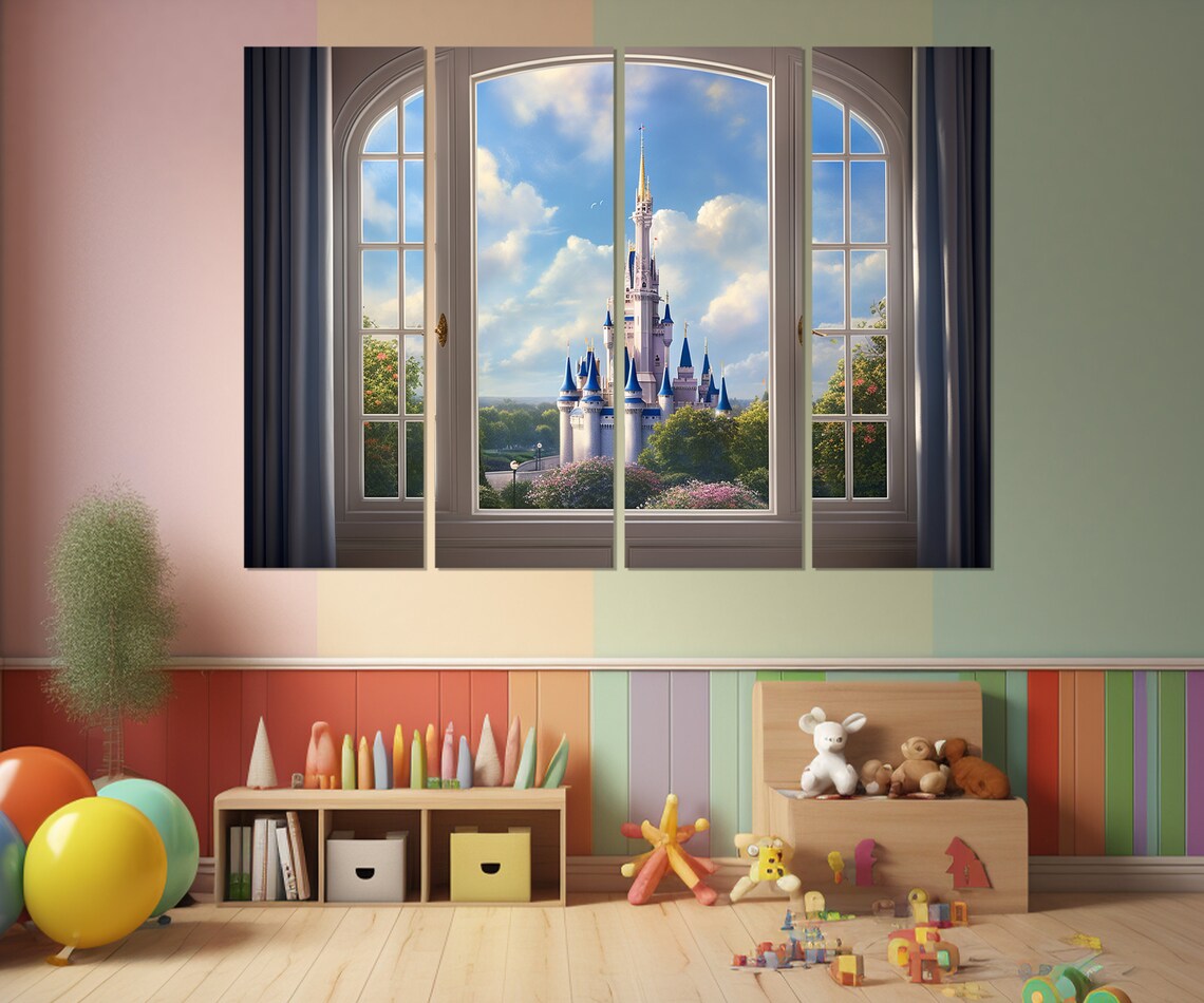 Open Window Fairytale Castle View Pink Princess Room Kids Nursery Wall Poster - Image 3