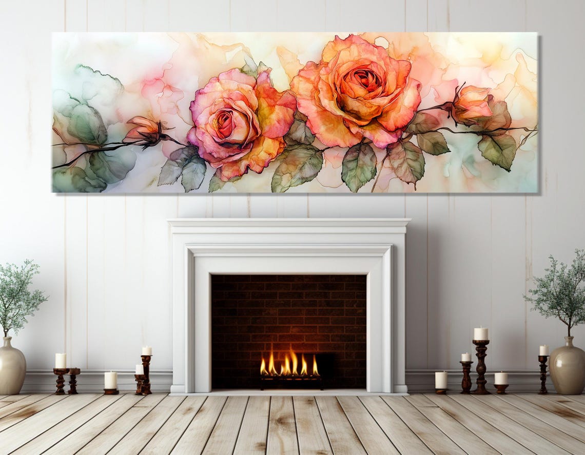Watercolor Roses Orange Pink Blooming Branch Panoramic Floral Poster