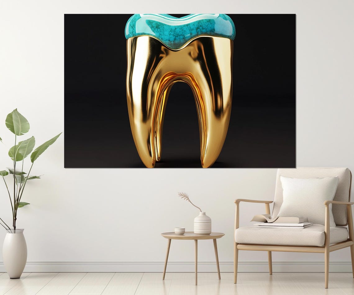 Golden Tooth Turquoise Top Black Background Dentist Office Poster