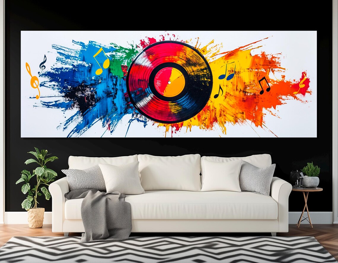 Colorful Vinyl Record Paint Splashes Music Notes Pop Art Wall Decor Print