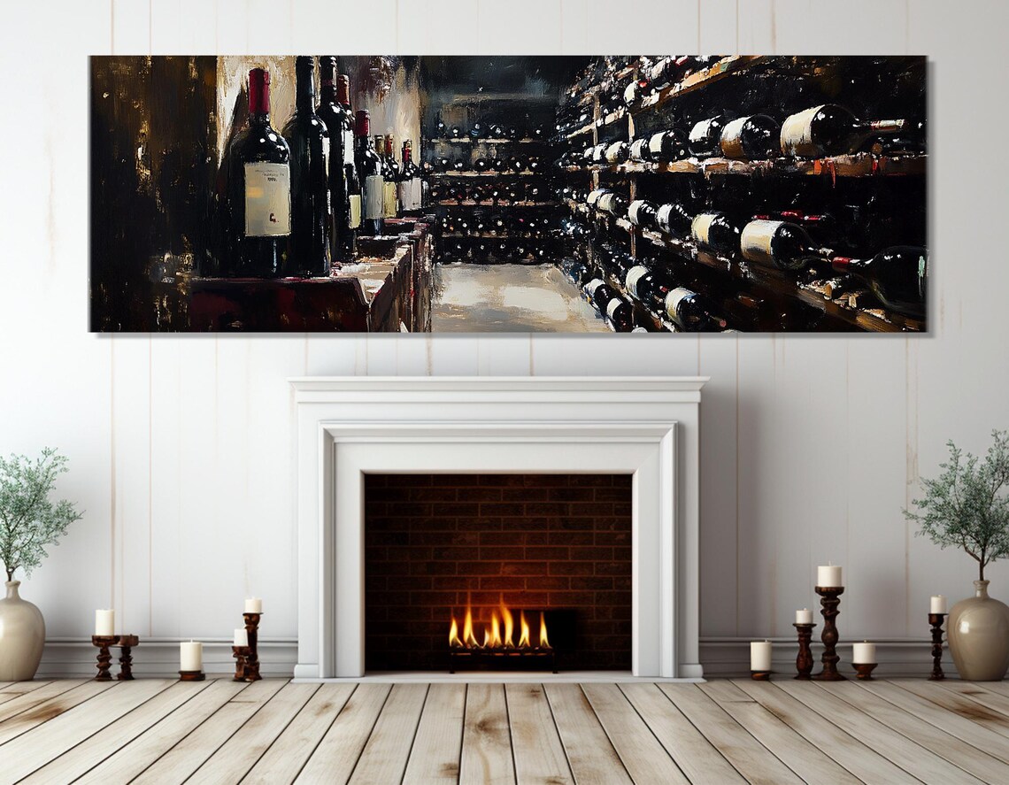 Vintage Wine Cellar Rows Of Bottles Dark Painted Panoramic Poster - Image 2