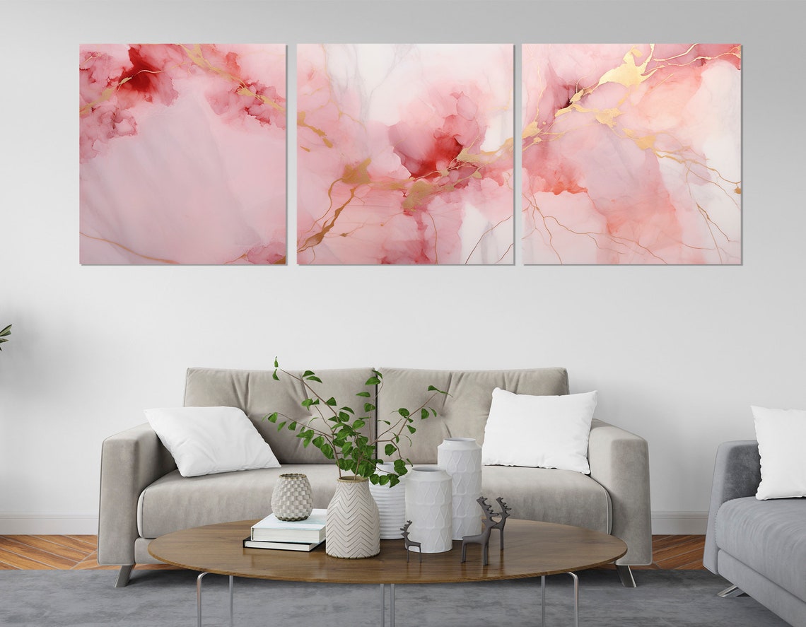 Pink Marble With Gold Veins Abstract Minimalist Modern Wall Poster - Image 3