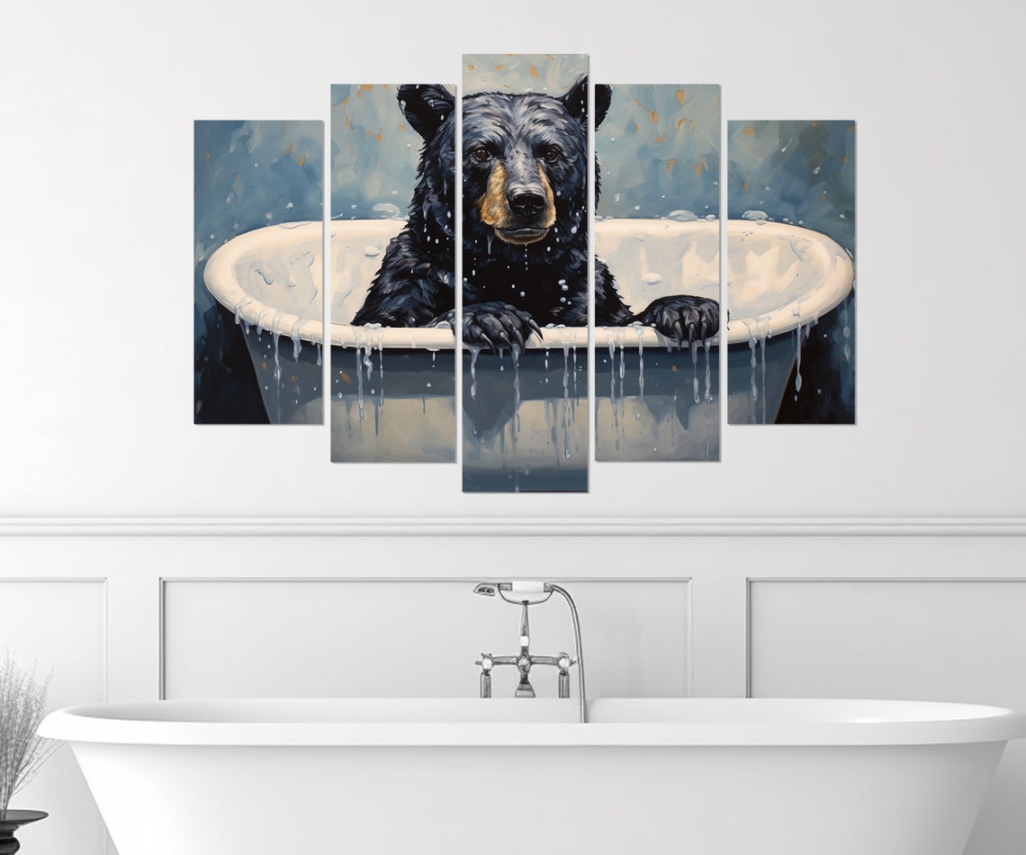 Baby Black Bear Splashing In A White Vintage Bathtub Cute Poster - Image 4