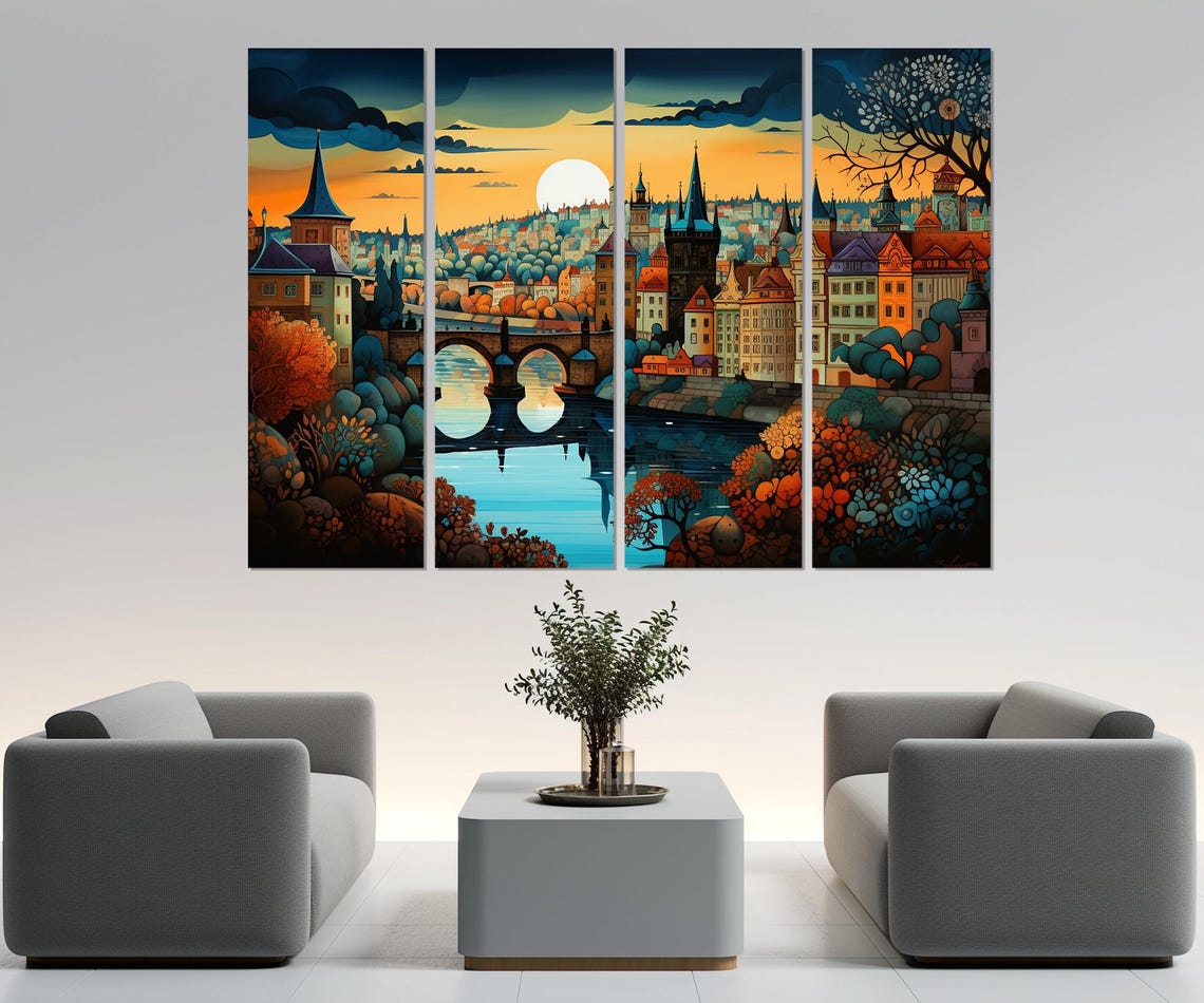 Prague Old Town Bridge Moonrise Colorful Czech River Scene Poster - Image 2