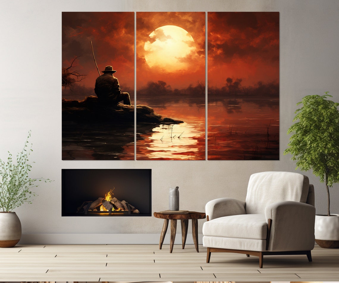 Fisherman Silhouette Red Sunset Lake Shore Dramatic Evening Poster - Image 4