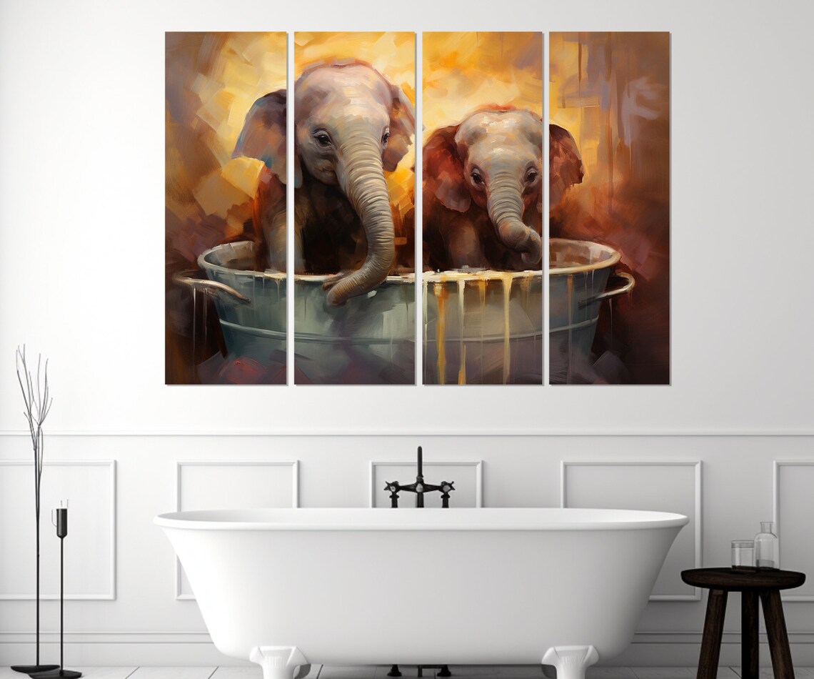 Baby Elephants In Vintage Metal Tub Cute Warm Golden Painting Poster - Image 4