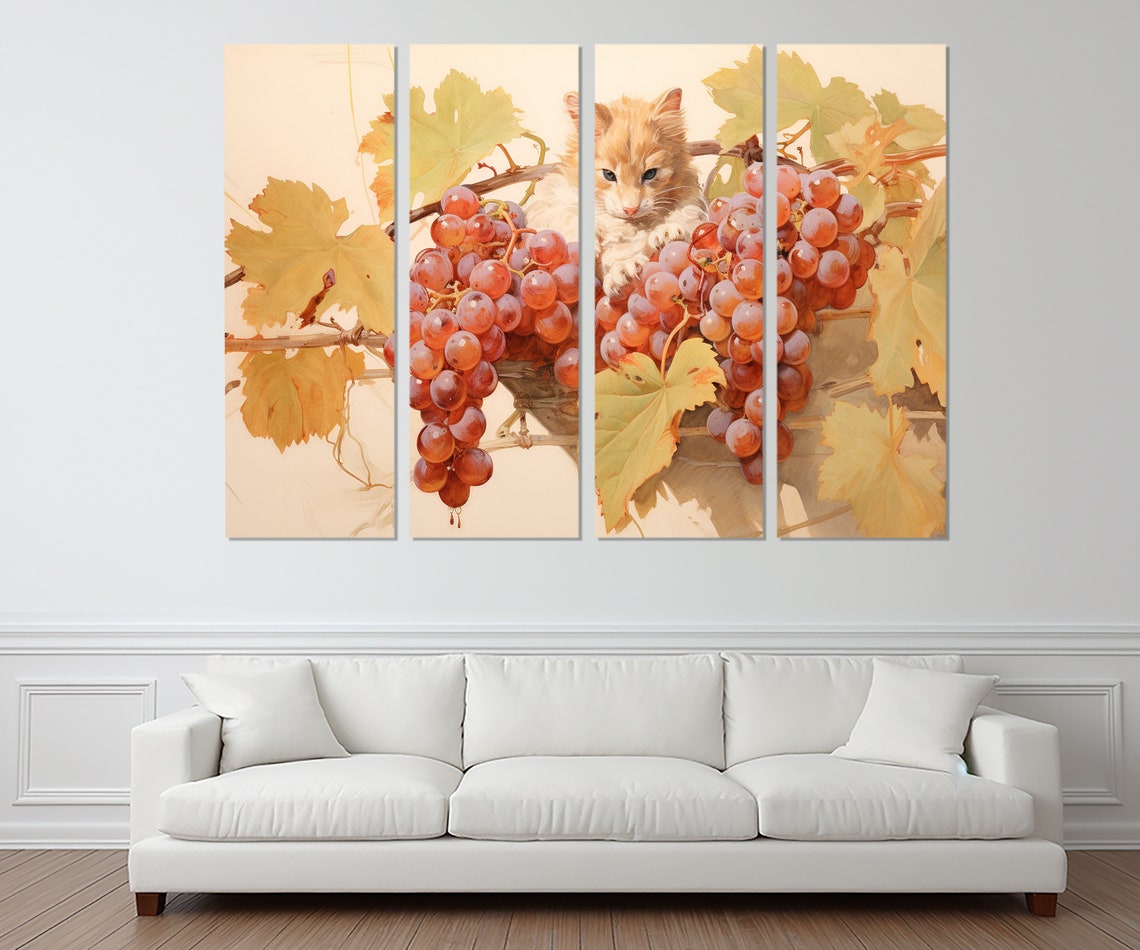 Ginger Kitten Among Red Grapes Vine Watercolor Kitchen Art Poster - Image 2