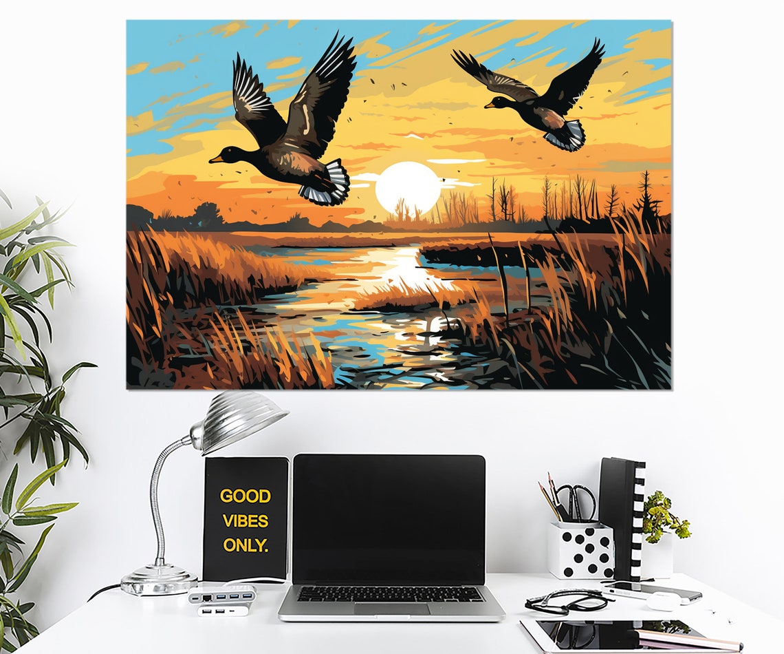 Ducks Flying Sunset Marsh Pop Art Orange Lake Wildlife Wall Art - Image 4