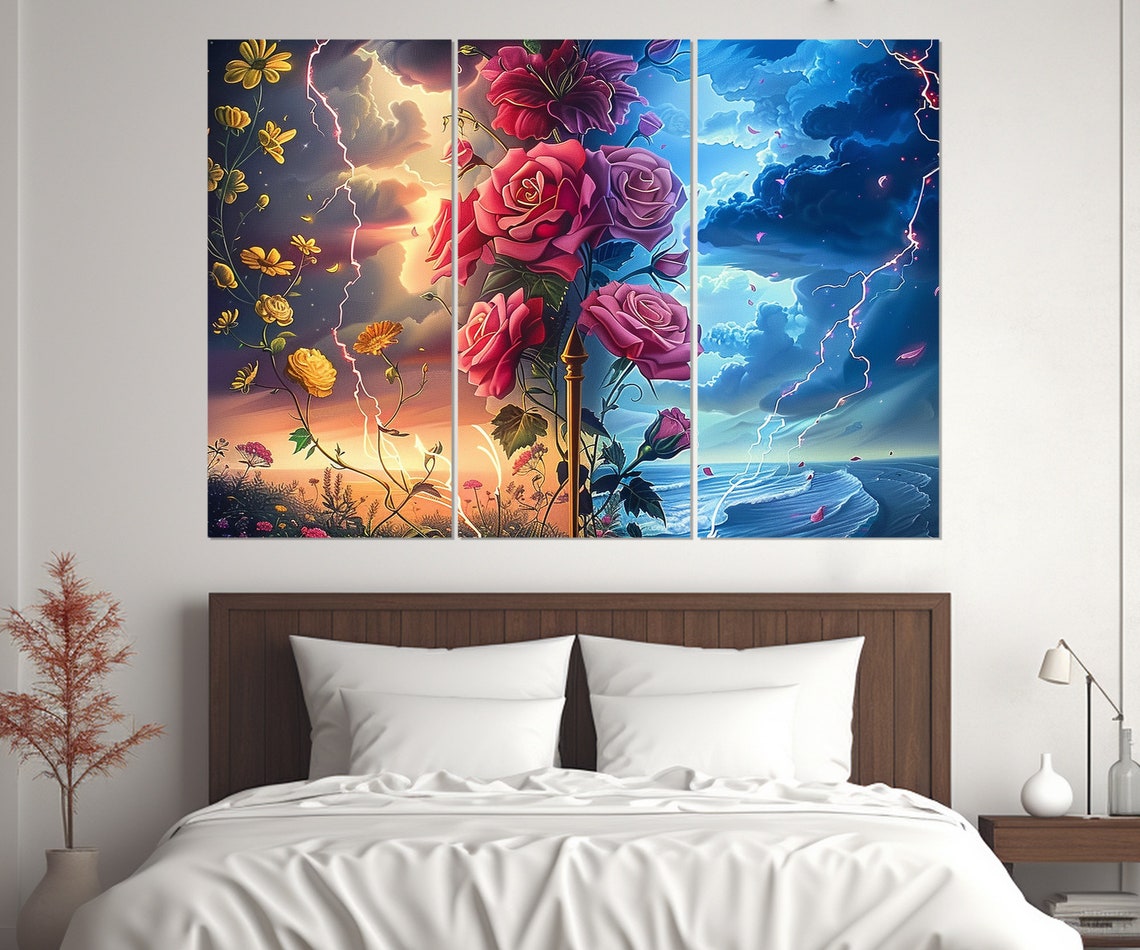 Duality Roses Lightning Sunset Storm Surreal Warm And Cold Wall Art - Image 4