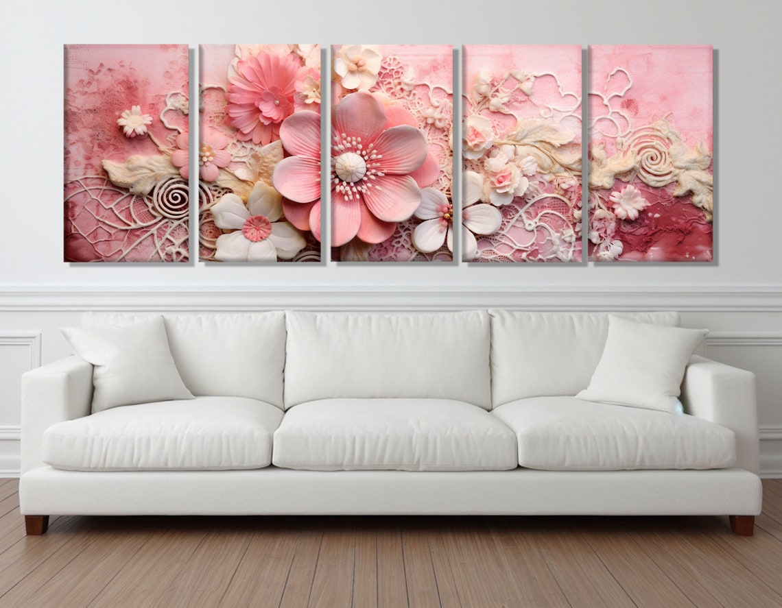 Pink 3D Floral Lace Rosy Background Romantic Panoramic Decor Wall Art - Image 2