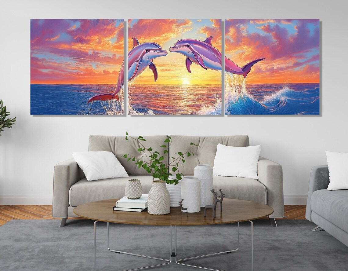 Dolphin Couple Leaping At Sunset Vibrant Ocean Waves Colorful Wall Art - Image 4