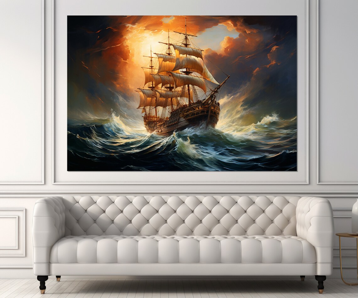 Old Sailboat at Sunset, Nautical Sea Art Print