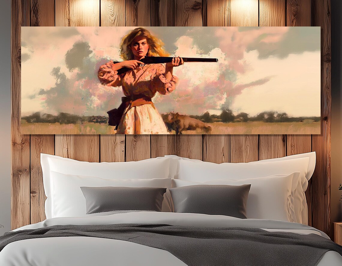 Retro Woman With Rifle Prairie Sunset Vintage Western Style Poster - Image 2