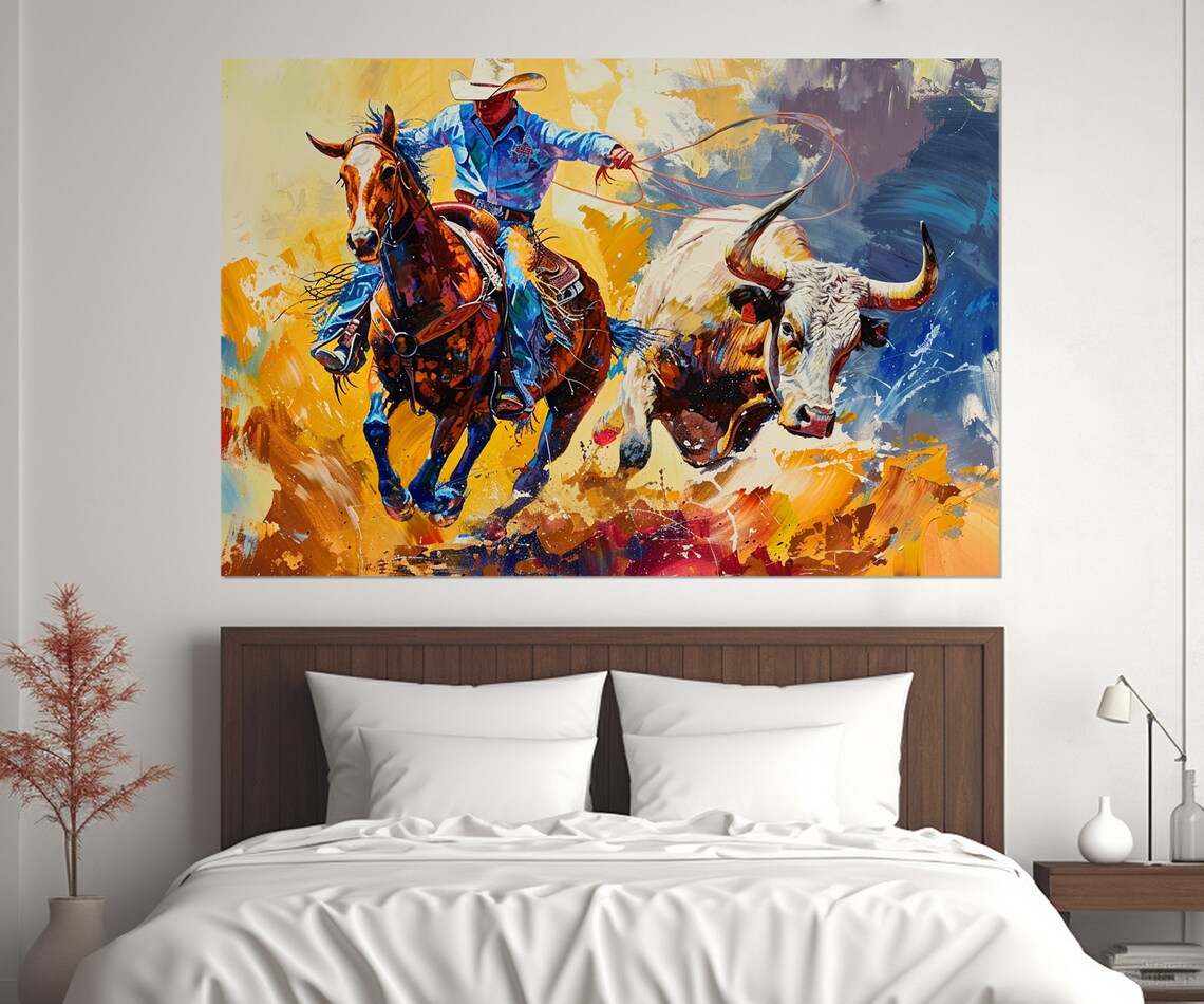 Rodeo Cowboy Roping Longhorn Steer Sunset Golden Dust Wall Poster