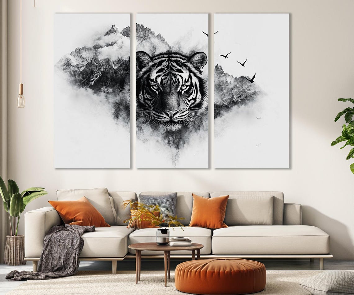 Tiger Face Misty Mountains Black White Ink Art Portrait Wall Poster - Image 3