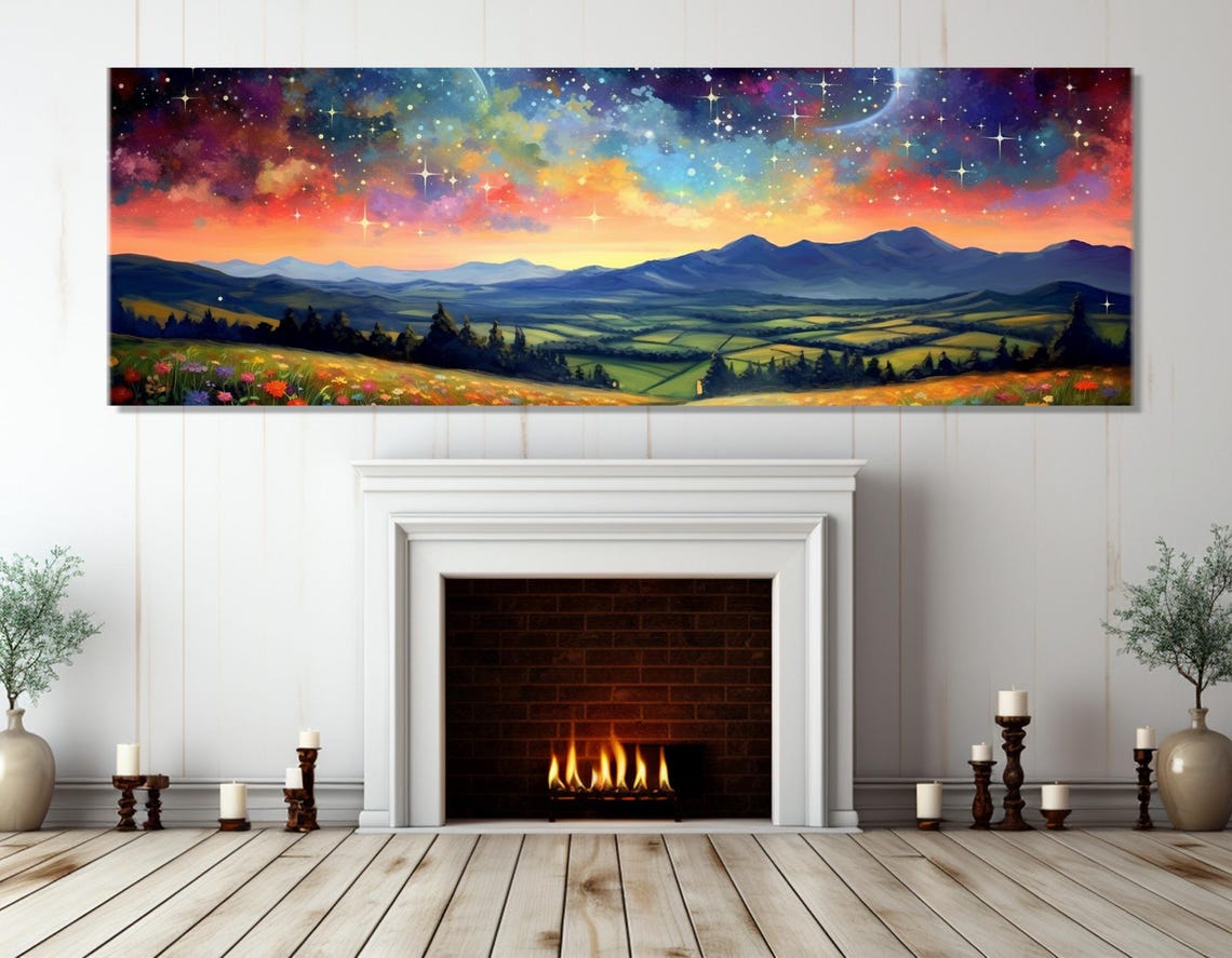 Starry Galaxy Night Sky Over Mountain Valley Meadow Panorama Poster - Image 2