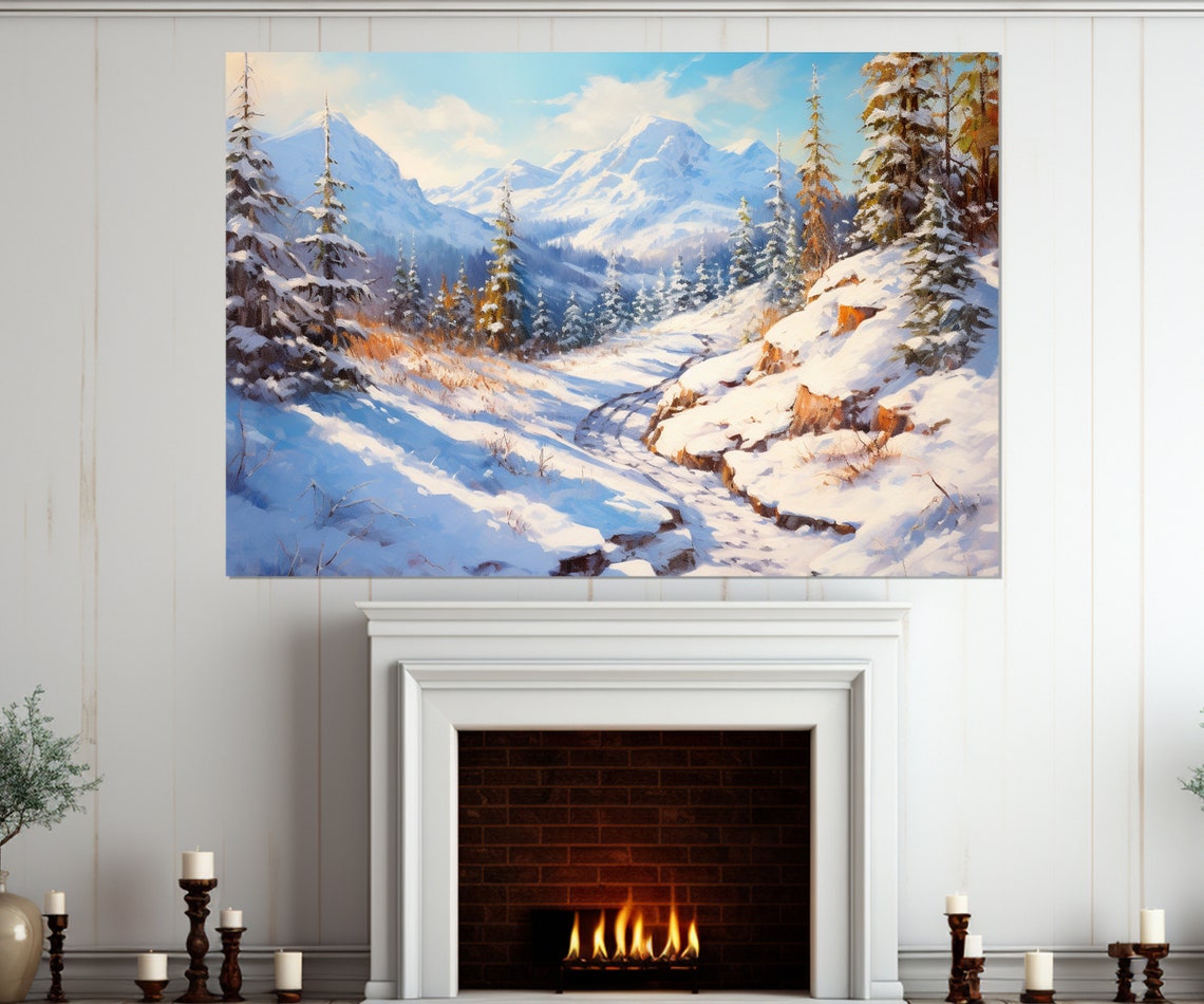 Snowy Mountain Valley Pine Trees Winter Forest Landscape Poster