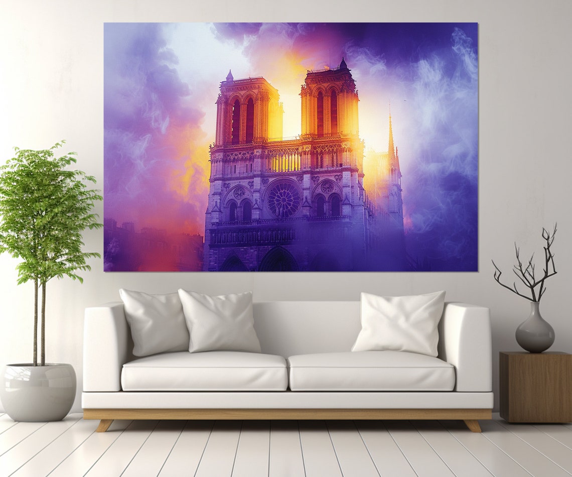 Notre Dame Paris Cathedral Sunset Purple Orange Clouds Glowing Poster - Image 2