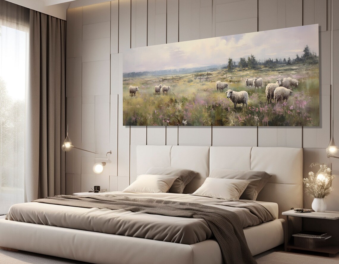 Sheep Grazing In Wildflower Meadow Soft Pastel Farmhouse Scene Poster - Image 3