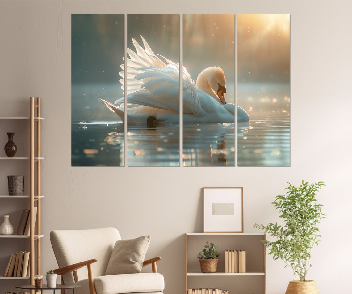 White Swan Spread Wings Golden Lake Sunset Elegant Bird Art Poster - Image 2