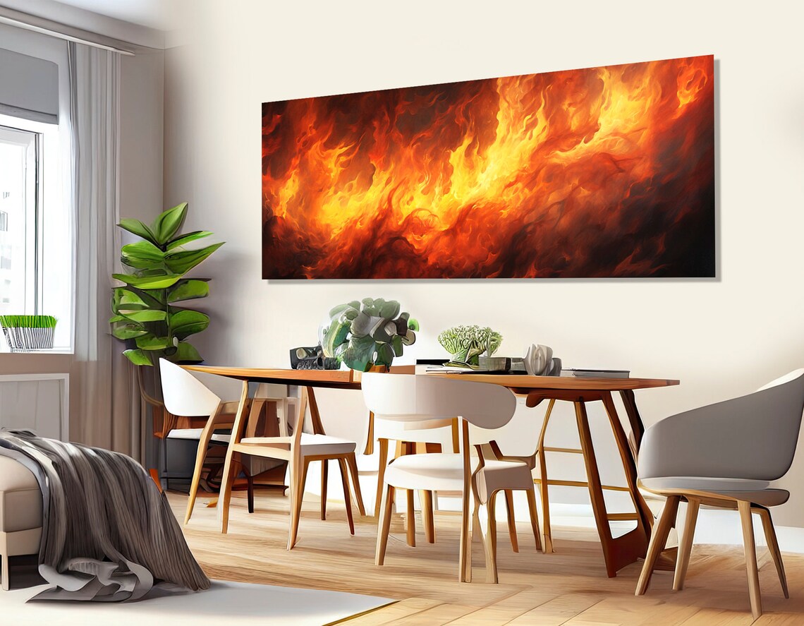 Large Fire Print Panoramic Wall Art Livingroom Decor Firefighter Gift Abstract Fire Painting Framed And Ready To Hang - Image 3