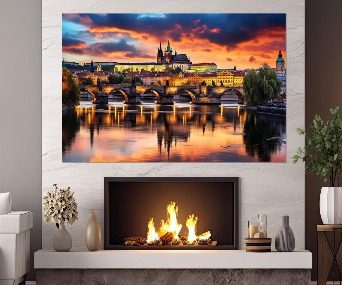 Prague Charles Bridge Castle Sunset Vltava River Reflection Poster