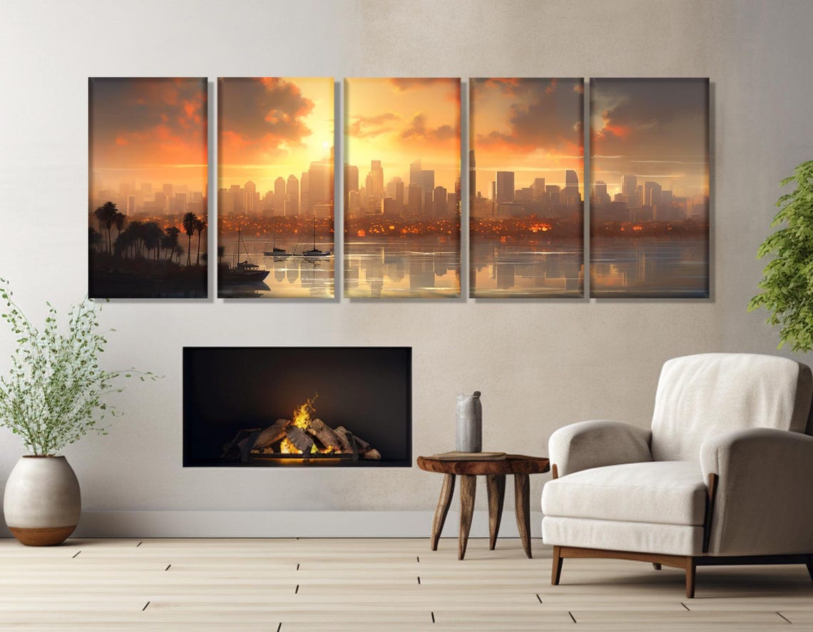 San Diego Sunset Skyline Bay Palm Trees Golden Water Reflection Poster - Image 3