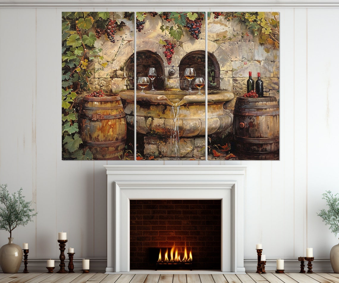 Vintage Wine Fountain Stone Cellar Oak Barrels Grapes Rustic Wall Art - Image 3