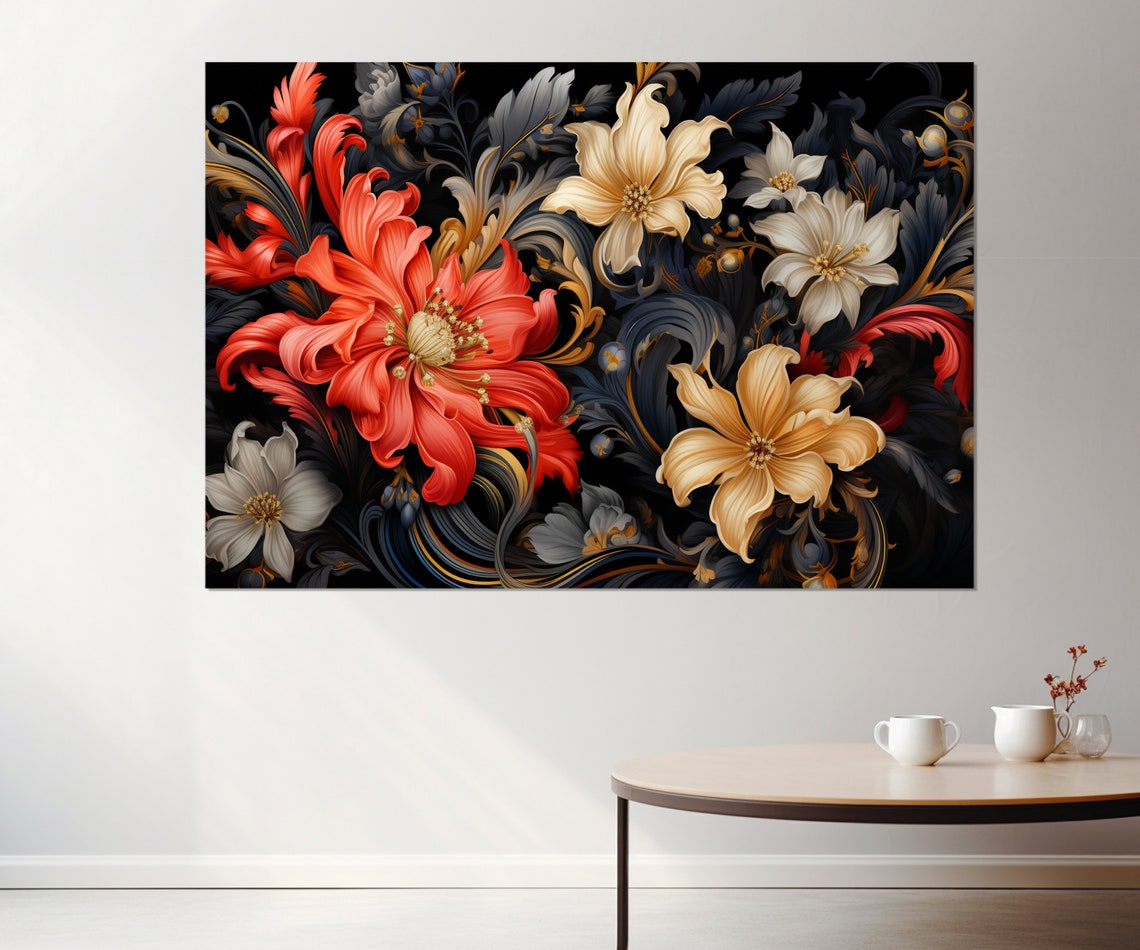 Dark Dramatic Floral Red Cream Gold Baroque Blossoms Black Art Poster