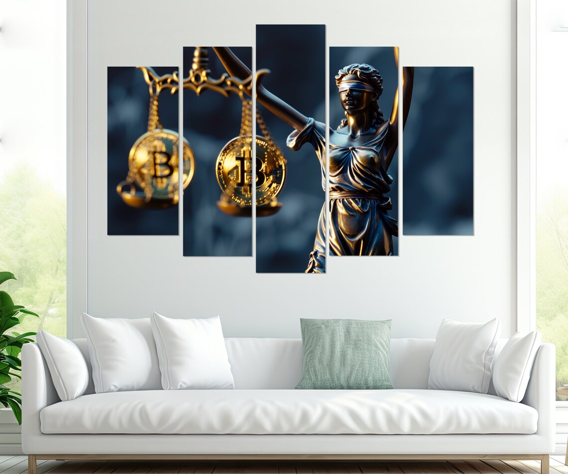 Lady Justice Weighing Bitcoin Scales Crypto Law Office Poster - Image 2