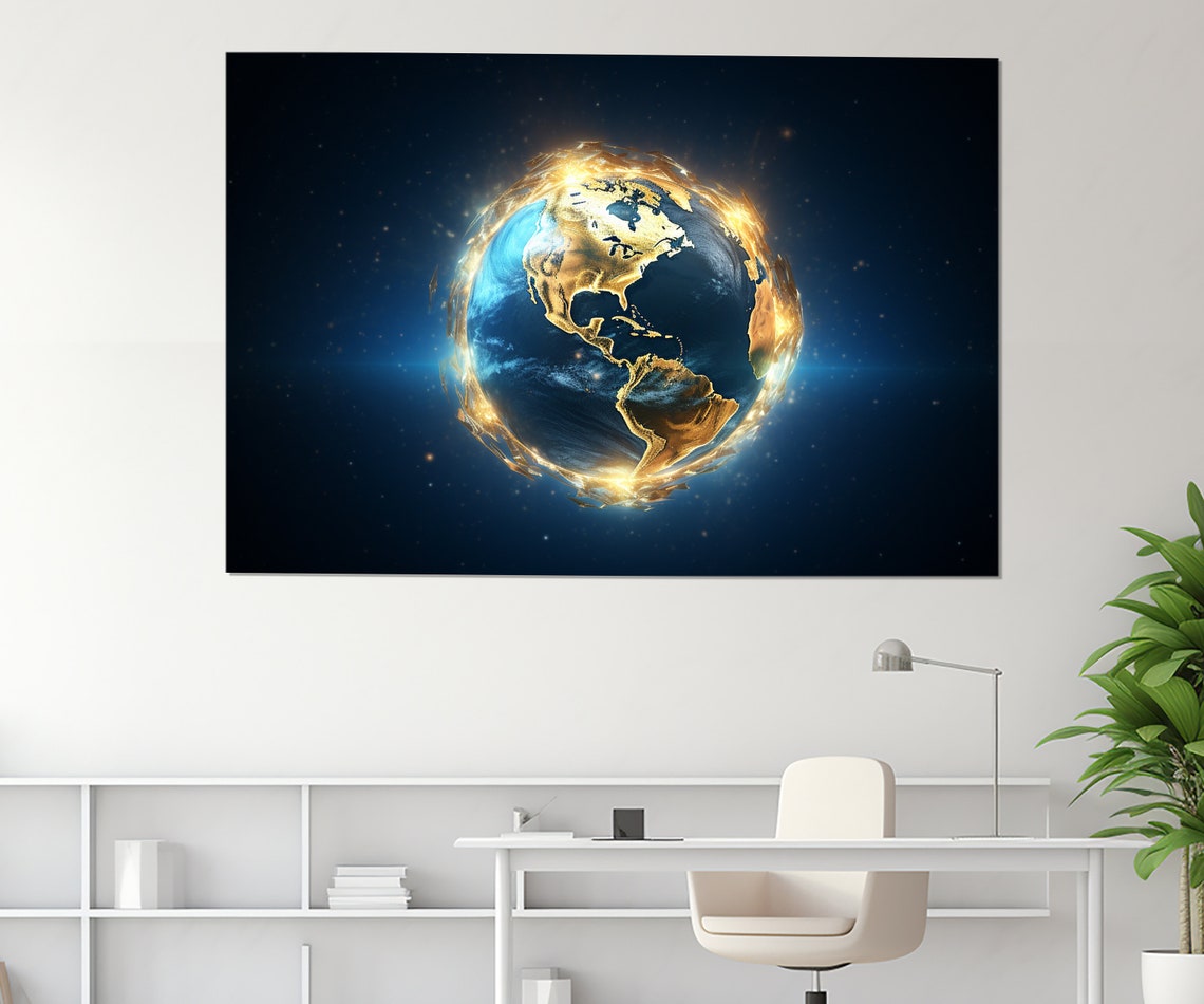 Golden Earth Globe Blue Marble Cosmic Starry Space Wall Art Print - Image 4