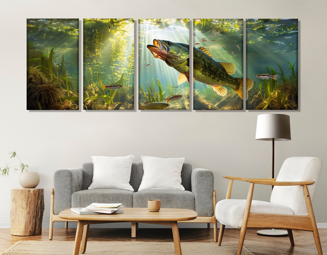 Largemouth Bass Underwater Sunbeams Green Weeds Fishing Wall Art Print - Image 3