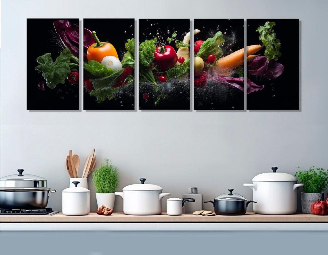 Fresh Vegetables Flying Black Background Modern Kitchen Wall Art - Image 3