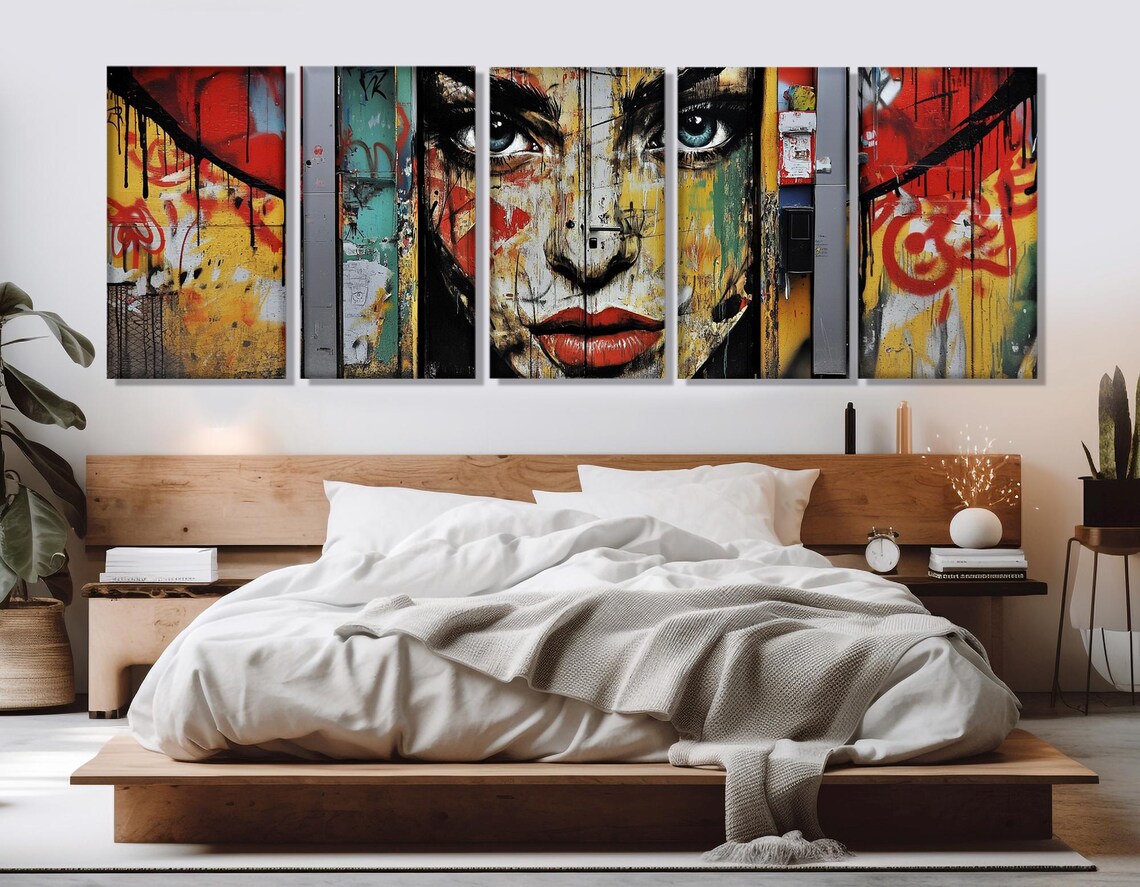Street Graffiti Woman Face Triptych Urban Spray Paint Colorful Wall Art Print - Image 3